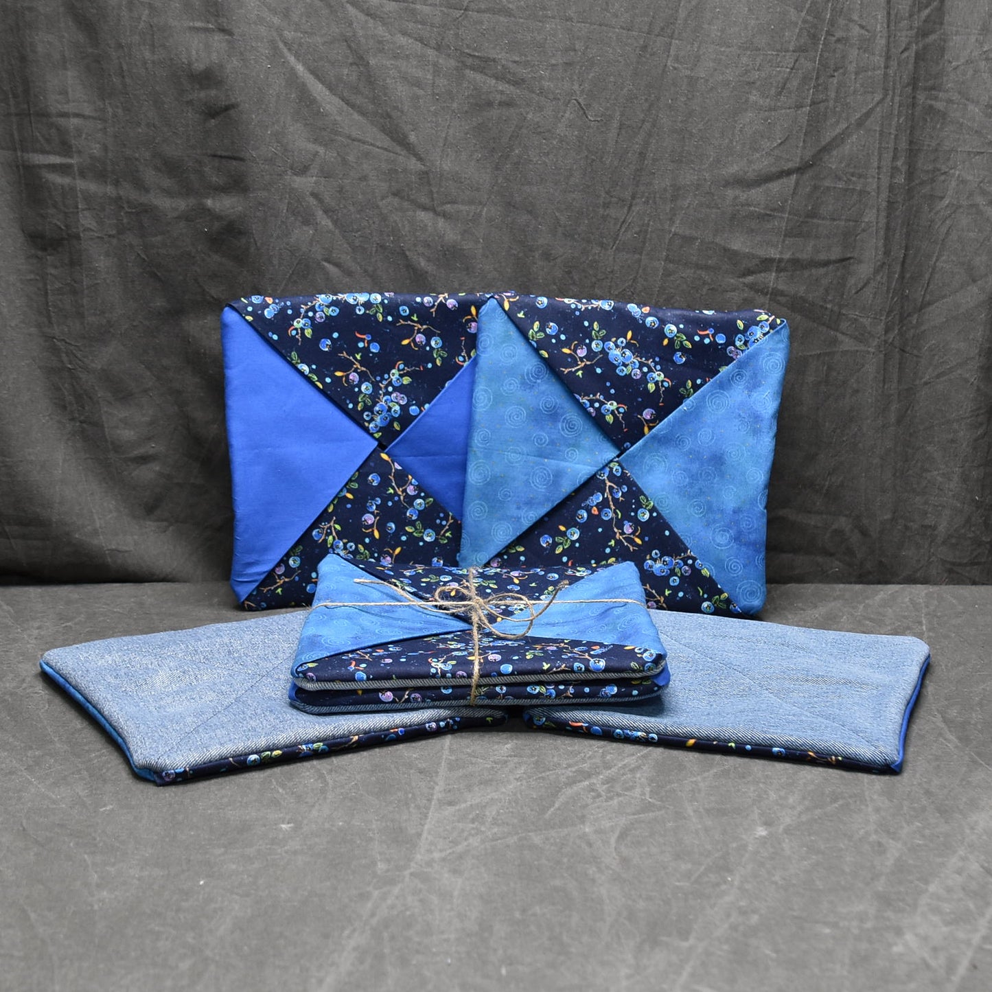 Handmade Denim & Cotton Blueberry Potholders – Set of 2