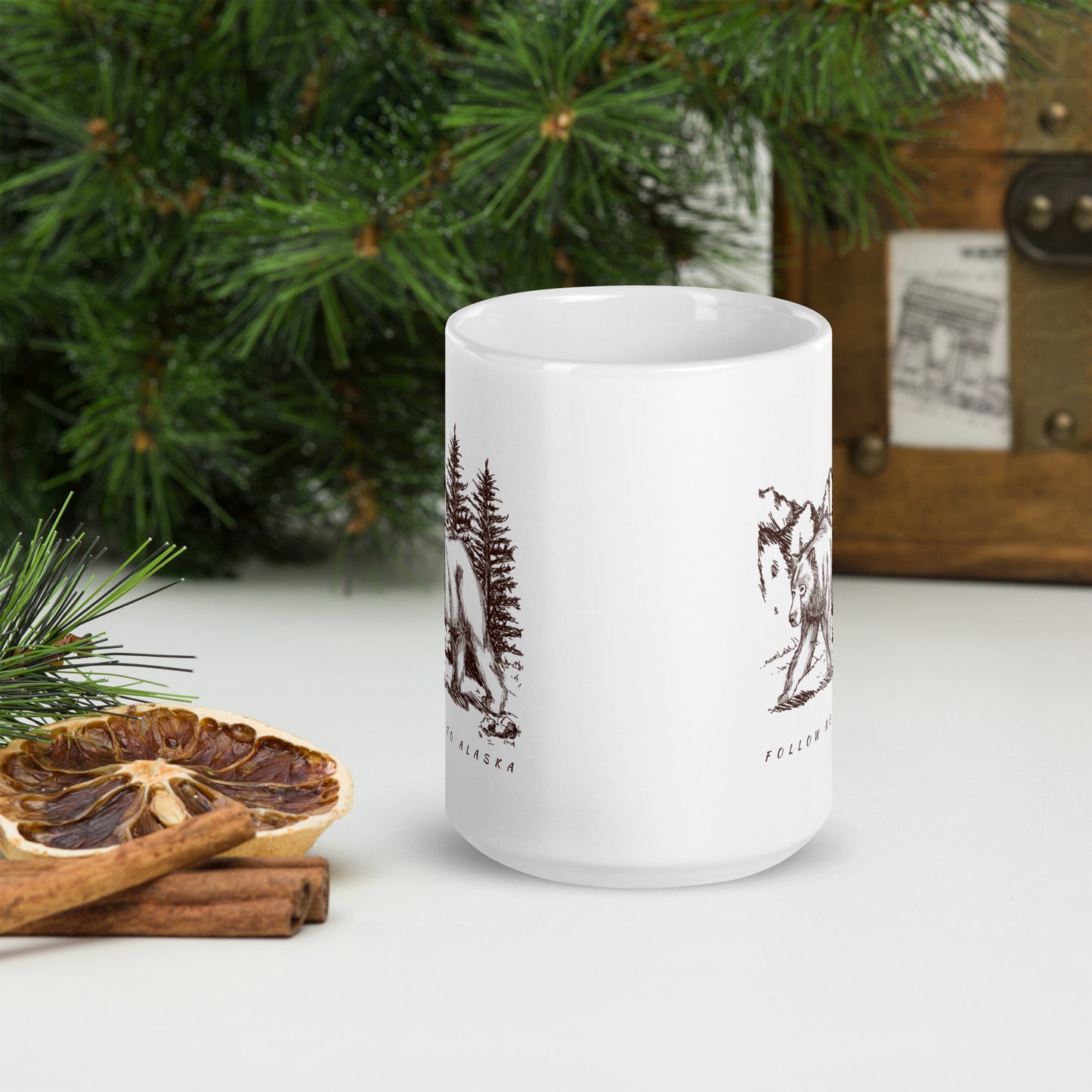 Follow Me to Alaska Grizzly White Glossy Mug 15 oz