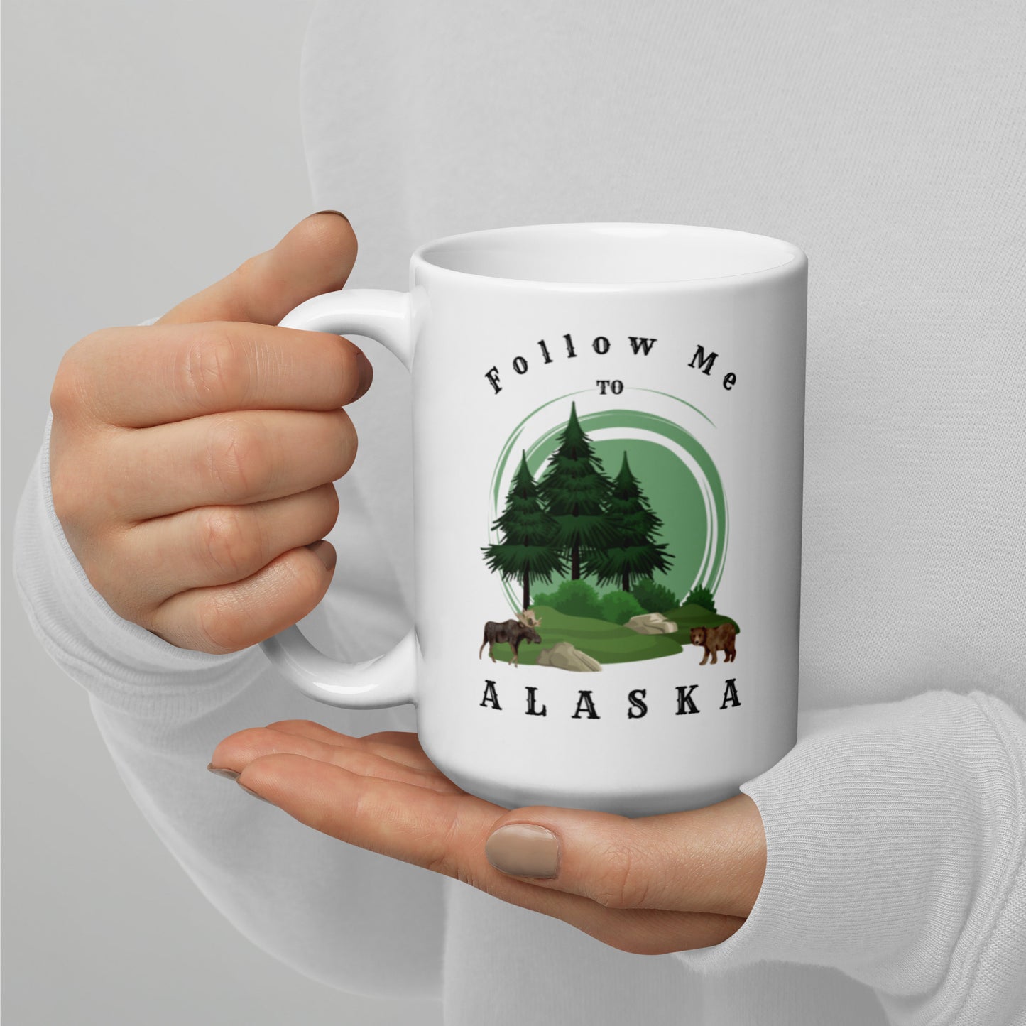 Follow Me to Alaska White Glossy Mug 15 oz.