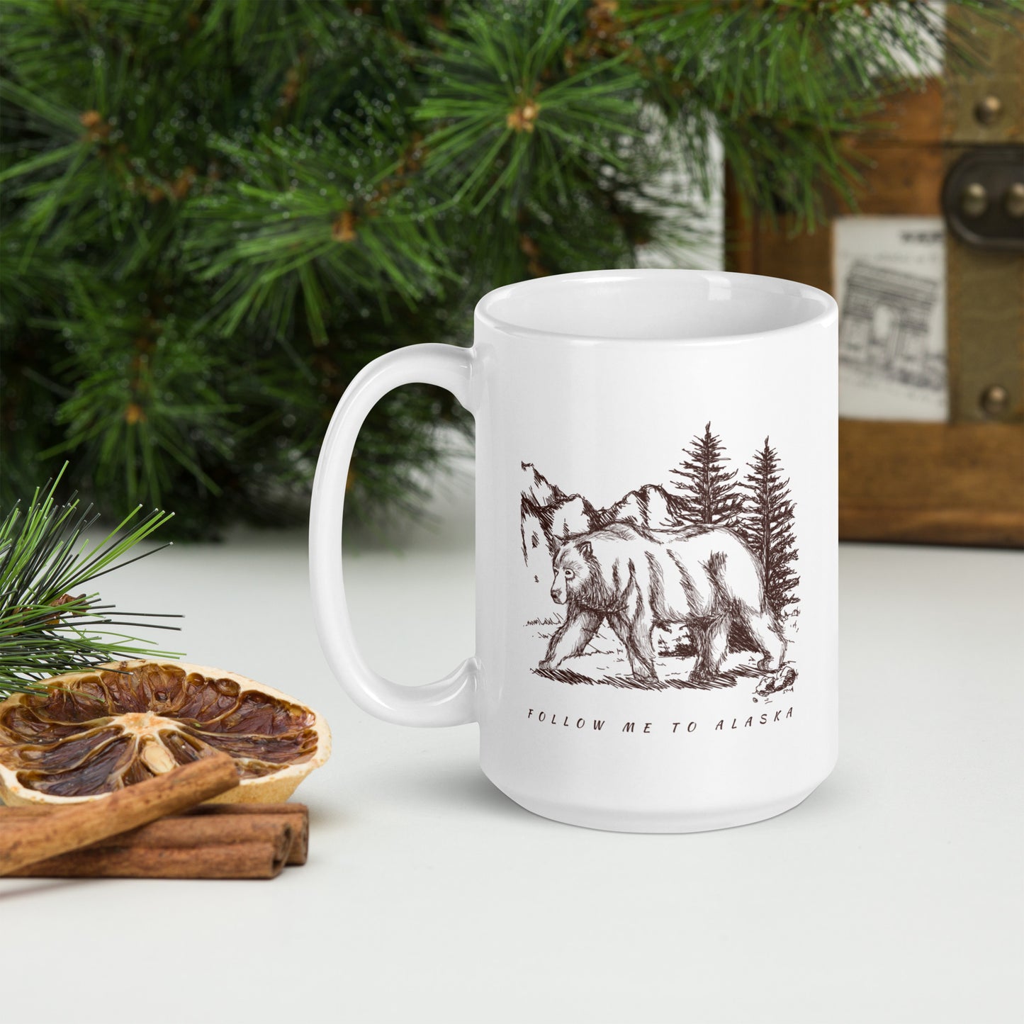 Follow Me to Alaska Grizzly White Glossy Mug 15 oz