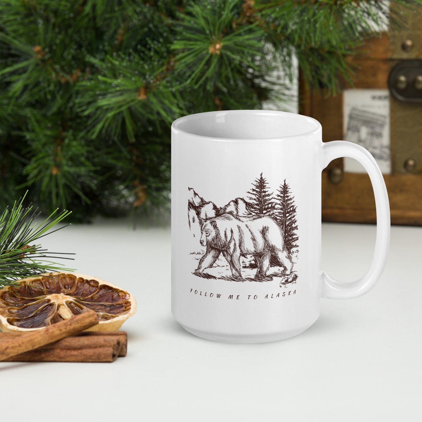 Follow Me to Alaska Grizzly White Glossy Mug 15 oz